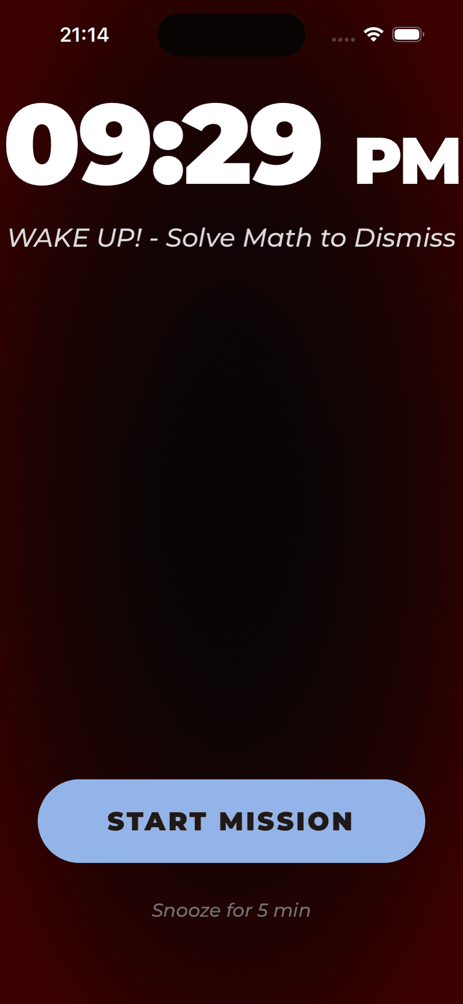 WakeRush alarm ringing screen with START MISSION button
