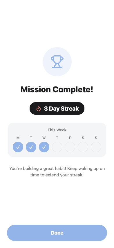 WakeRush mission complete screen with 3-day streak celebration